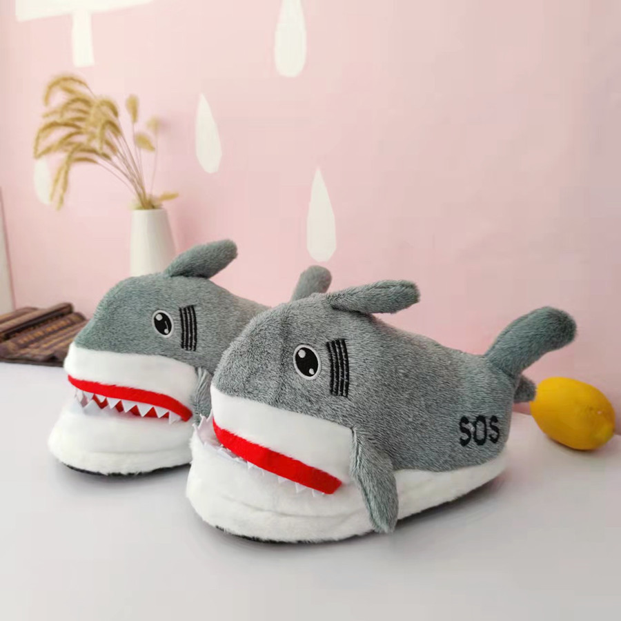 Pantofole di peluche con testa di squalo, suola spessa, 3D, per interni, calde, casa, cartone animato, scarpe di cotone_voghion.com