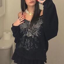 暗黑印花卫衣女街潮性感辣妹加绒连帽衫宽松百搭Y2K复古拉链卫衣