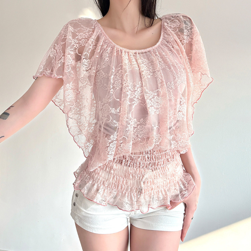 Sweet and Pure Lace-Trimmed Round-Neck Cinched Waist T-Shirt for Women, Faux Two-Piece Sheer Waist-Cinching Ruffled Top Sweet and Pure Lace-Trimmed Round-Neck Cinched Waist T-Shirt for Women, Faux Two-Piece Sheer Waist-Cinching Ruffled Top