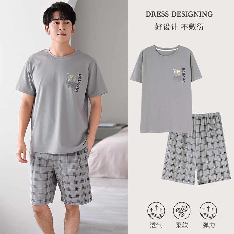 얇은 여름 남자 잠옷 코튼 반팔 반바지 풀오버 라운드 넥 캐주얼 세트 의상