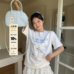 宋正恩白色宽松正肩短袖t恤女夏季芭蕾风字母印花休闲慵懒感上衣