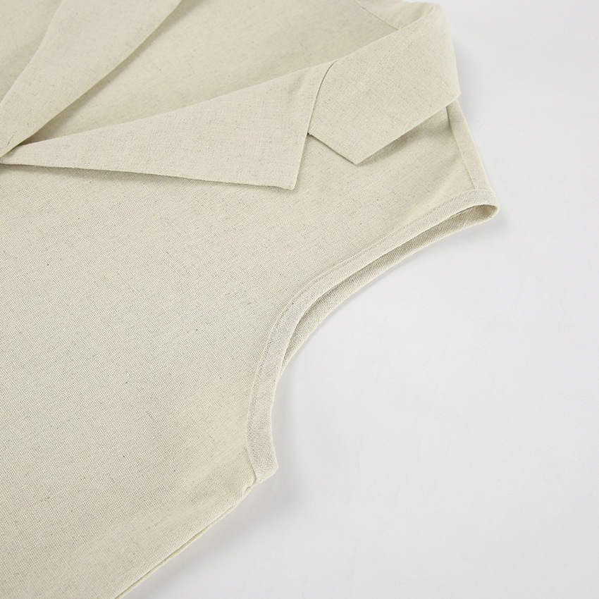 Ropa de mujer Traje casual de moda de verano de algodón y lino de color puro chaleco suelto sexy sin mangas pantalones versátiles traje simple de dos piezas_voghion.com