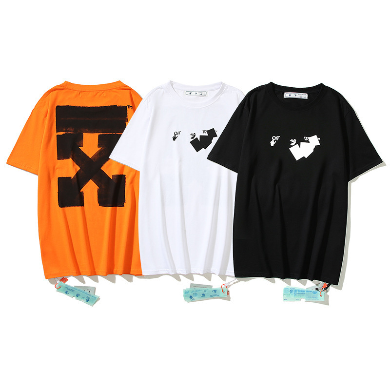 2023 Spring and Summer New Ow Hand-Painted Graffiti Arrow Pattern Round Neck Short-Sleeved T-Shirt for Men and Women