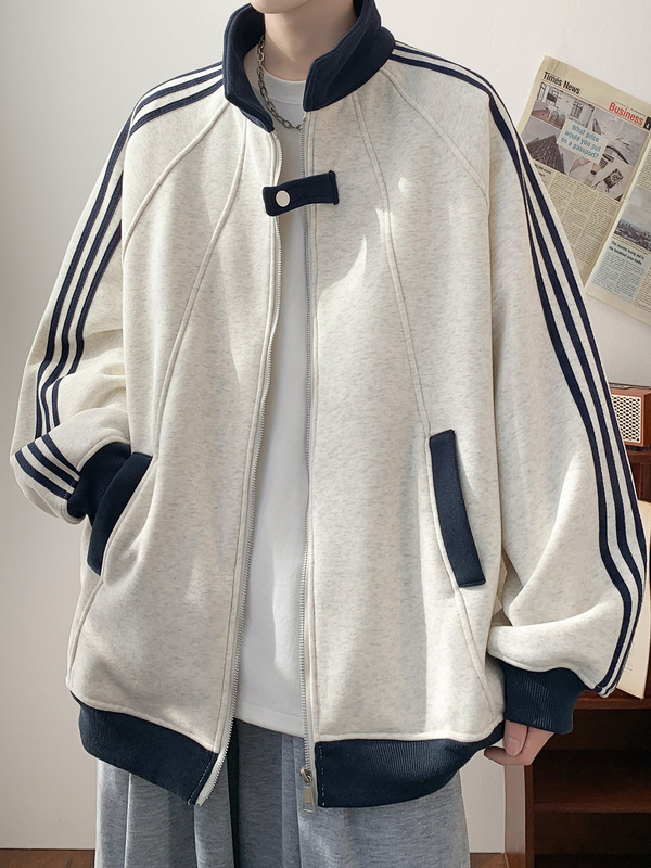 解构条纹立领外套男秋冬宽松休闲开衫卫衣潮牌美式青少年运动夹克|undefined