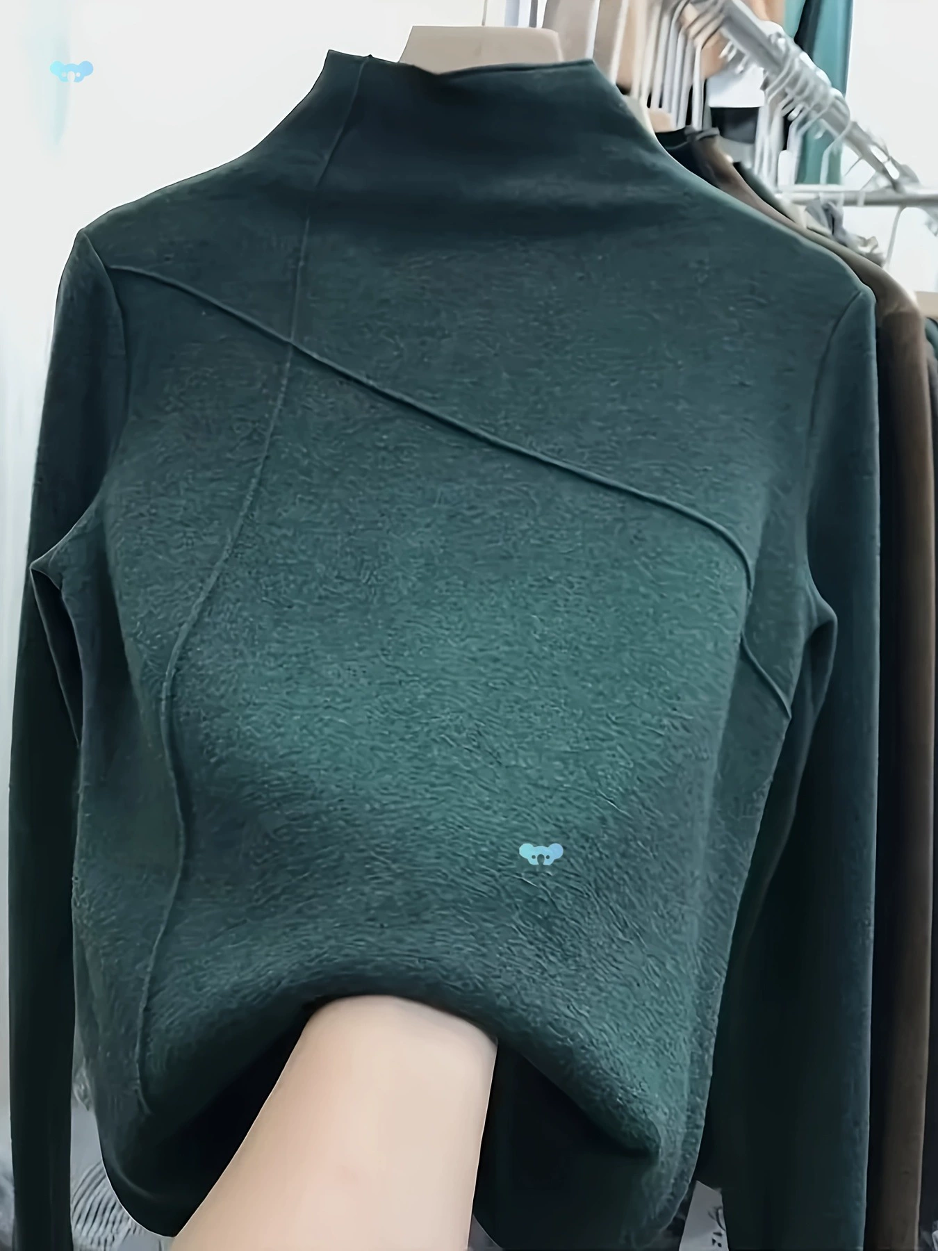 Женский элегантный зеленый топ с длинными рукавами и воротником-стойкой, мягкий и толстый