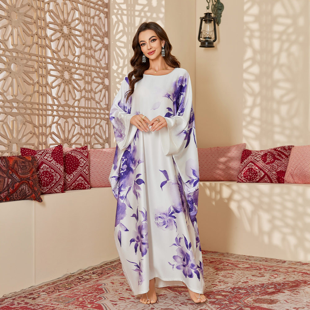 Yaoting transfronterizo nuevo pijama de tamaño grande para mujeres primavera y otoño estilo medio-oriental satén gorgeoso camisa impresa larga bata DP3399