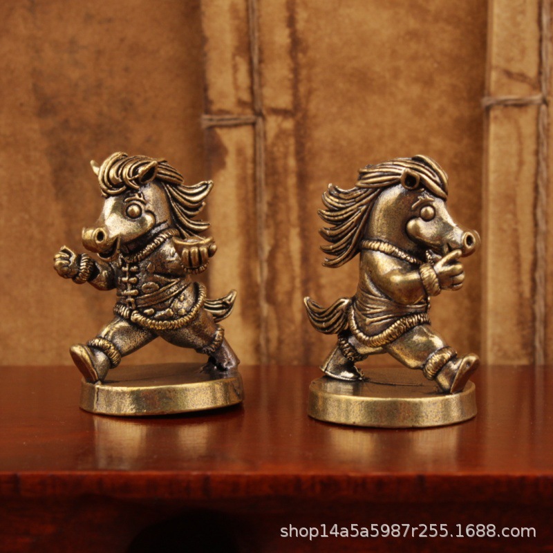 黄铜创意小马摆件手握元宝马摆件马上有钱中式小摆件黄铜小铜器