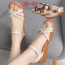 牛皮凉鞋女坡跟舒适软底防滑软皮一字扣女皮凉鞋简约百搭夏季女鞋