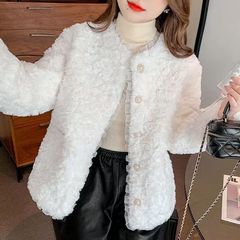 新款羊羔毛毛短款秋冬外套女宽松韩版加厚蕾丝小香风仿獭兔毛上衣