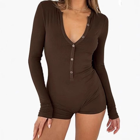 Amazon 2024 European and American Autumn New Women's Tight Jumpsuit Shorts Casual Button Cotton Top Long Sleeve V-Neck