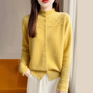 2026年新款亲肤绒半高领针织开衫女七针厚波浪镂空半高领毛衣开衫