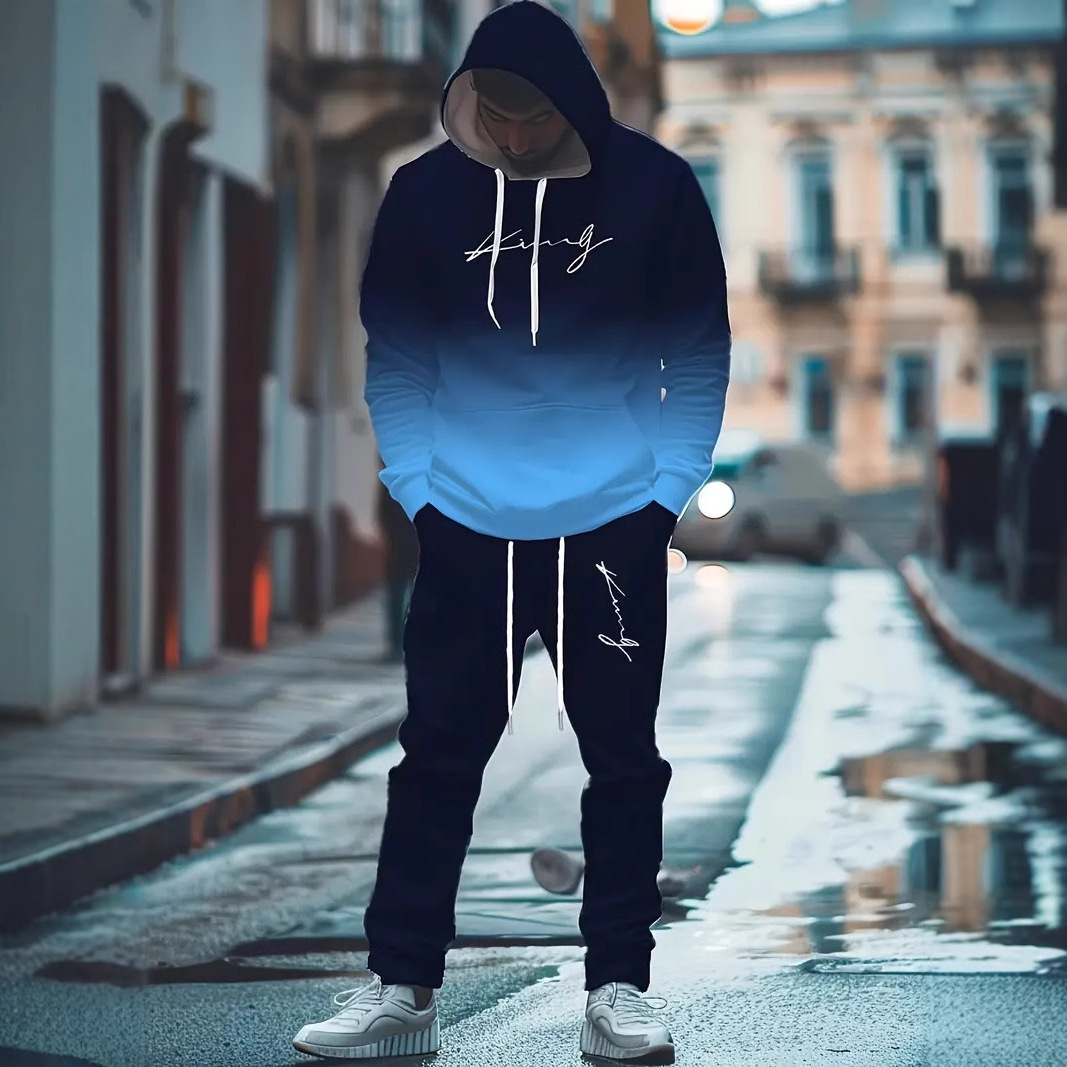 Traje de dos piezas con degradado de moda, pantalón de suéter con capucha suelto y cómodo de talla grande MC11-ML1