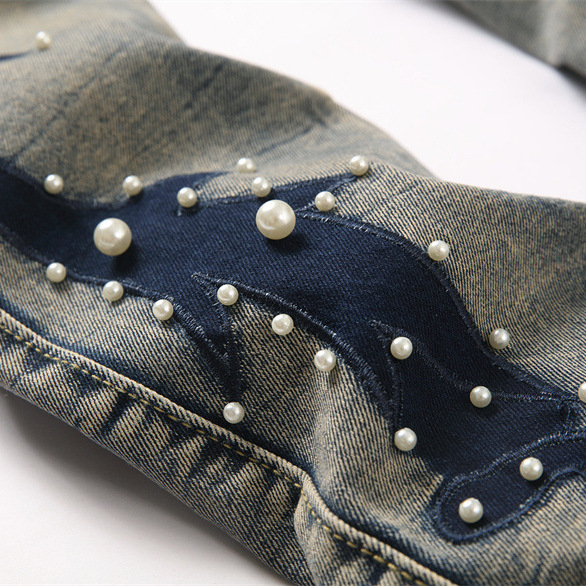 Comercio exterior estilo punk artesanía pesada elástica azul bordado cuentas de clavos de cintura de cuerno jeans de hombre 3971