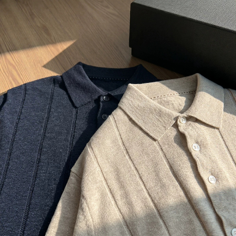 Linen blend collared knit shirt with amber texture, versatile short-sleeve business casual polo shirt