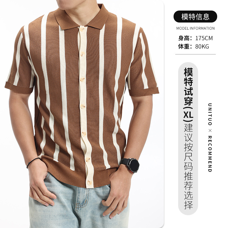 Vestido de hombre antiguo dinero de hielo de seda de punto polo camisa de hombre de verano de manga corta con la tapa cardigan retro camisa de polo casual hombre