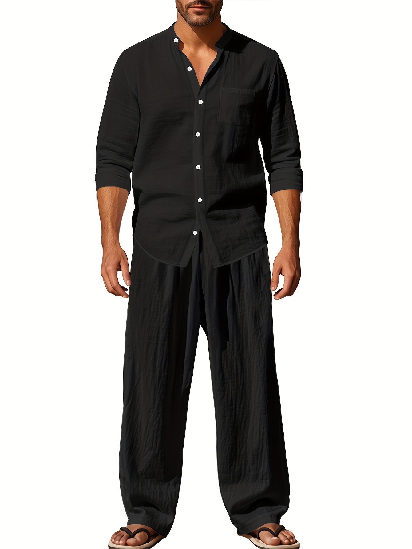 Men's Casual Linen Shirt And Trouser Set All-Season Breathable Loose Fit Long-Sleeved Versatile Cool American Style_viptrois.com