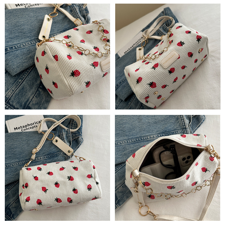 112g Weight Polyester Lining Material Zipper Closure Type Single Shoulder Strap Strap Type Pillow Shape Bag Bags Type Casual, Shopping Occasion Special Material Strawberry Pattern All Seasons Season Women's Gender Basic, Classic Style Style Cylindrical Shape Medium Size Women's Medium Special Strawberry Basic Classic Style Cylindrical Zipper Pillow Shape Bag 1