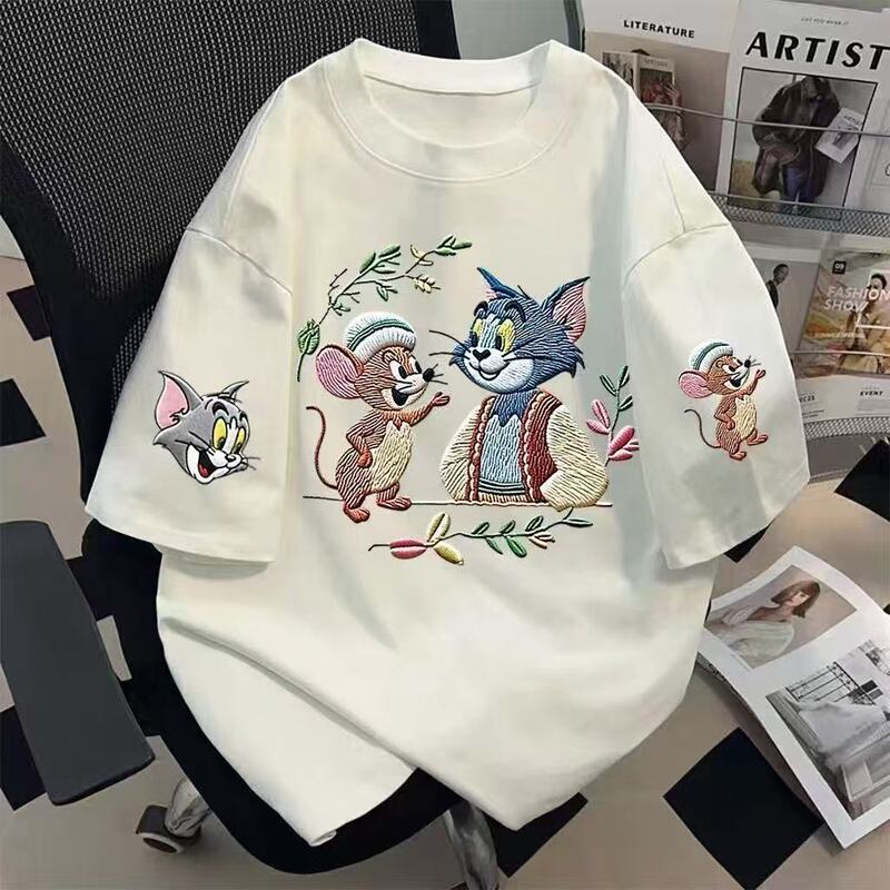 Pure Cotton Back-Necked T-Shirt, New Summer Style Cartoon Printed Cat Round Neck Short-Sleeved T-Shirt for Men and Women, Loose Fit in College Style Pure Cotton Back-Necked T-Shirt, New Summer Style Cartoon Printed Cat Round Neck Short-Sleeved T-Shirt for Men and Women, Loose Fit in College Style