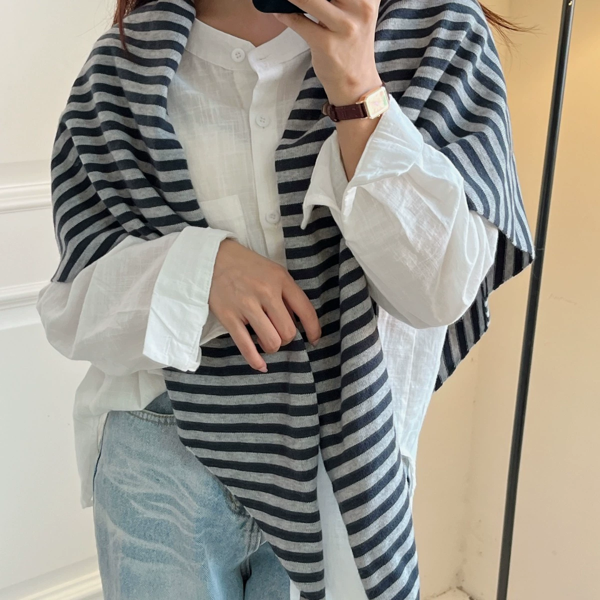 Европейский и американский шарф Шаль 2024 новый дикий трикотажный платок в полоску женский осень-зима новый шерстяной смешанный шарф