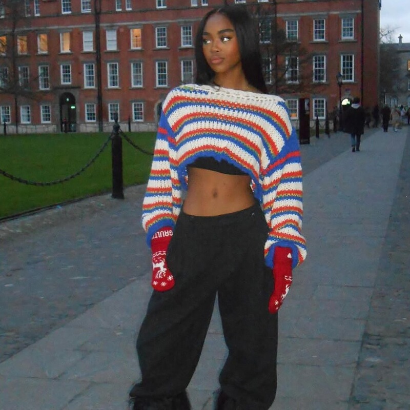Loose Puffy Sweater with Long Sleeves, Unique Pullover Knitwear, Street Style Striped Cross-Border Autumn and Winter Women's Fashion 2025 Europe and America Loose Puffy Sweater with Long Sleeves, Unique Pullover Knitwear, Street Style Striped Cross-Border Autumn and Winter Women's Fashion 2025 Europe and America