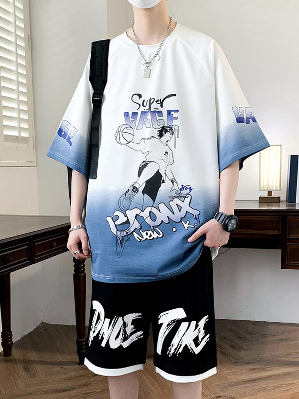ティーンエイジャー半袖Tシャツスーツ、男の子中学生・高校生夏服、年長児純綿スポーツウェア、トレンディで涼しい薄手スタイル|undefined