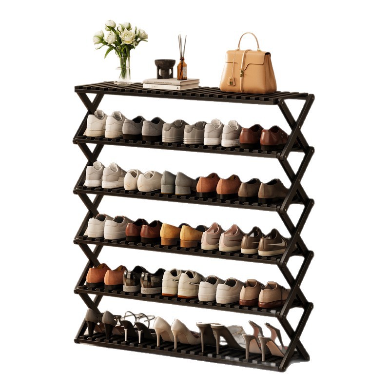 Estante de zapatos fácil sin instalación Estante de zapatos plegable multicapa puerta doméstica de ahorro de espacio estrecho pequeño gabinete de zapatos de bambú