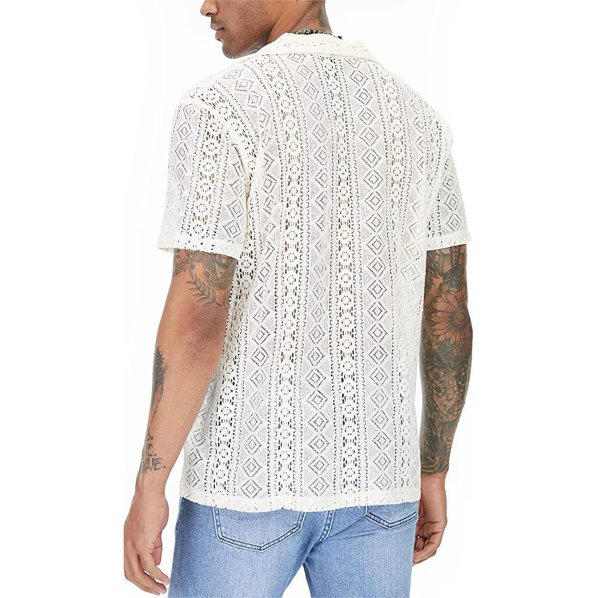 Spot moda europea y americana nueva camisa de manga corta de encaje para hombres botón transparente vacaciones casual top hueco