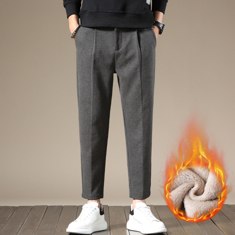 Winter Fleece-Lined Thickened Cropped Casual Pants for Men, Woolen Straight-Leg Versatile Drape Harem Pants, Korean Style Trendy
