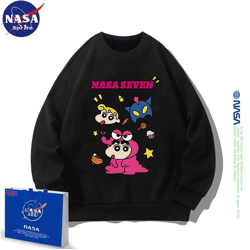 NASA联名设计款24新款秋冬加绒卡通蜡笔小新圆领卫衣女情侣打底衫