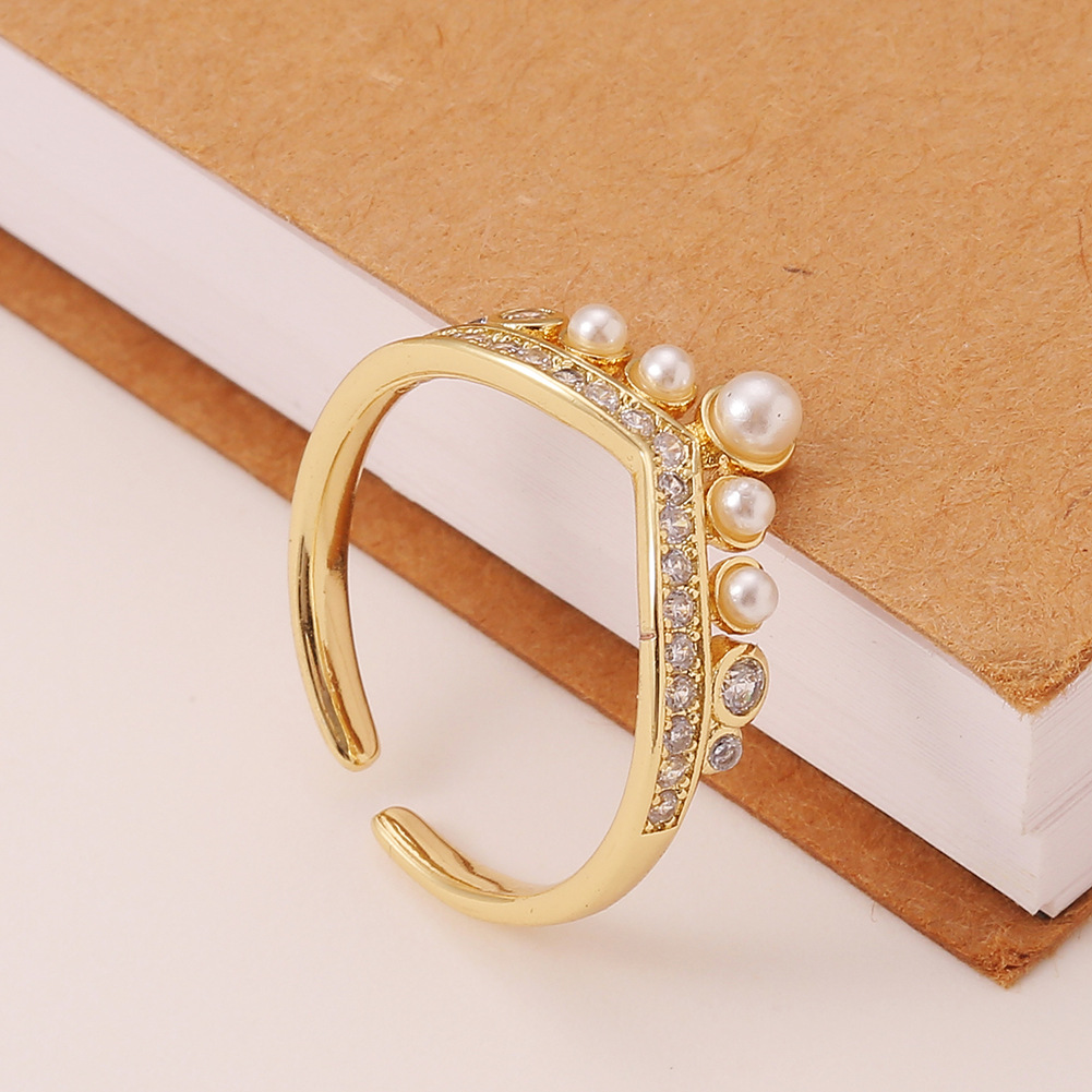 simple hand jewelry crown pearl copper micro-set zircon opening adjustable tail ring