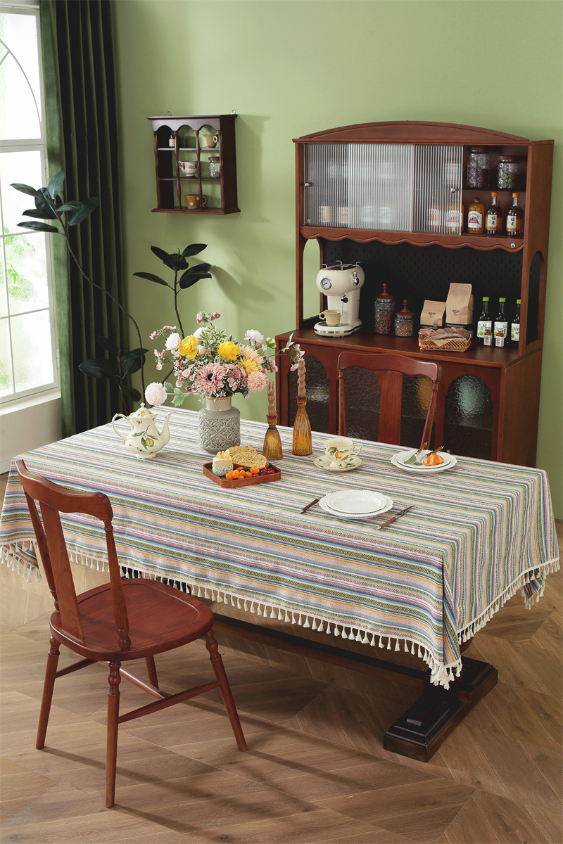 Nappe En Jacquard Style Ethnique Américain Avec Franges Et Dentelle_voghion.com