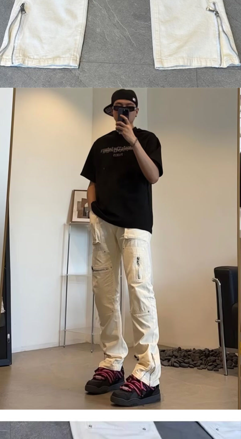 Unisex Boyfriend Style White Denim Jeans Rivet Design Straight Leg Trendy Floor Length Pants American High Street_mkmklike.com