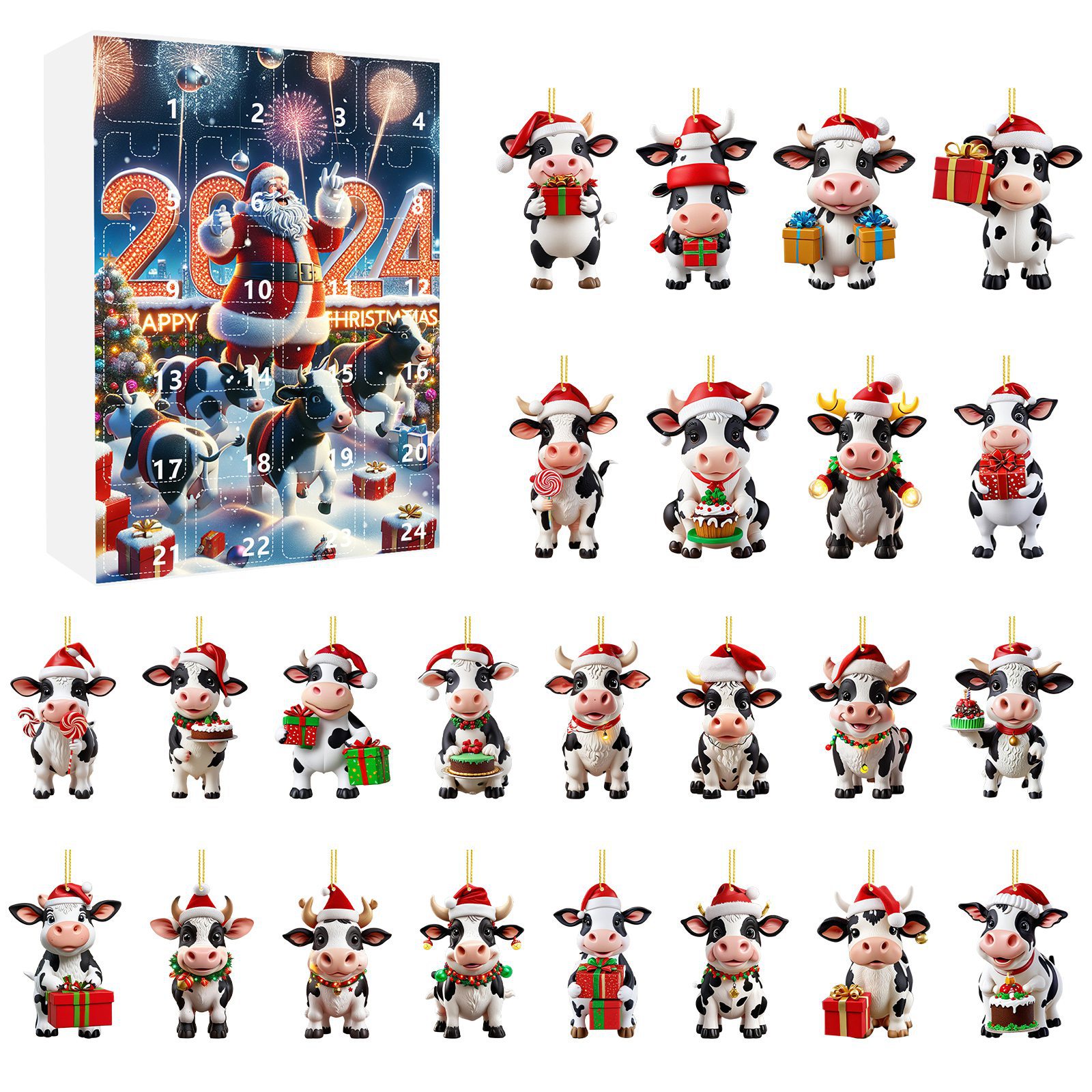 Calendario de Adviento de Navidad 2024 Cuenta regresiva de Adviento de Navidad Caja sorpresa Colgante de granja de vacas de Papá Noel Adornos para árboles de Navidad