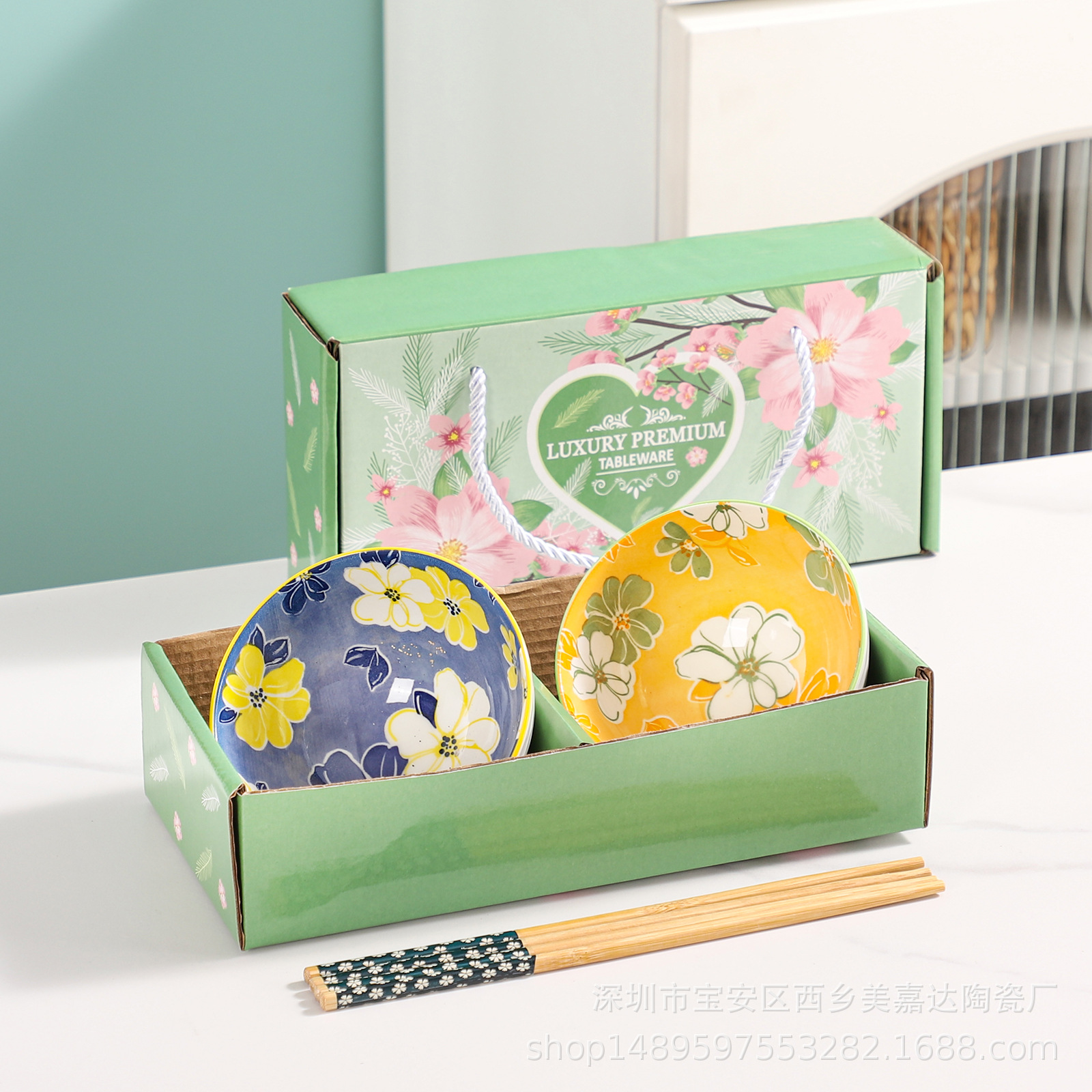 Regalo bohemio tazón de cerámica y palillos traje al por mayor tazón y plato traje hogar tazón de arroz vajilla conjunto tazón caja de regalo traje