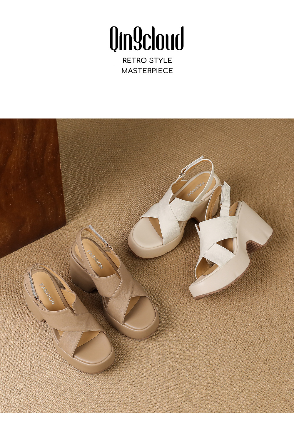 Sandal cao gót nữ hở mũi đế xuồng 10 cm da thật phong cách La Mã — màu trắng ngà, màu mơ chi tiết 13
