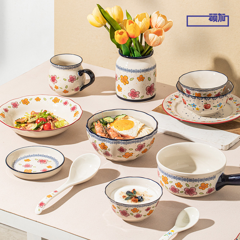 Shunxiang【Half Acre Flower Field】Ceramic Tableware Ins Style Creative Floral Household Bowl and Plate Set Flat Plate Shallow Plate