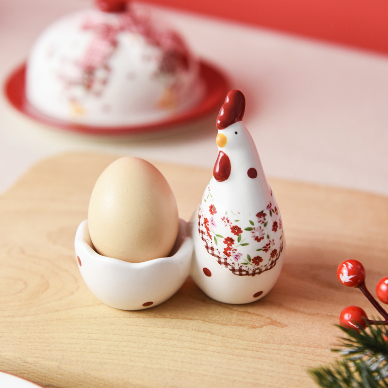 INS estilo vajilla rojo floral pollo cerámica huevo taza bandeja de huevo creativo pollo huevo taza de Pascua