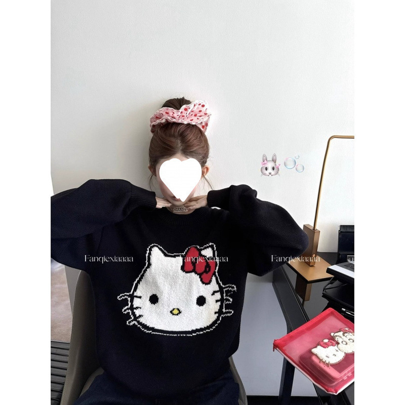 New Rebel Katy Sweet Cool Kitty Picture Slim Black Loose Sweater Knitted Sweater Autumn and Winter Top Women New Rebel Katy Sweet Cool Kitty Picture Slim Black Loose Sweater Knitted Sweater Autumn and Winter Top Women