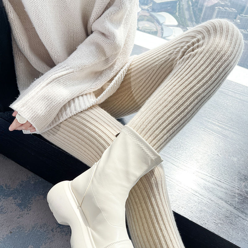 新款打底裤女外穿内搭修身秋冬保暖高腰百搭纯色抽条宅家针织裤女