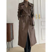 韩国chic春秋复古帅气双排扣系带收腰过膝长款PU皮风衣外套女