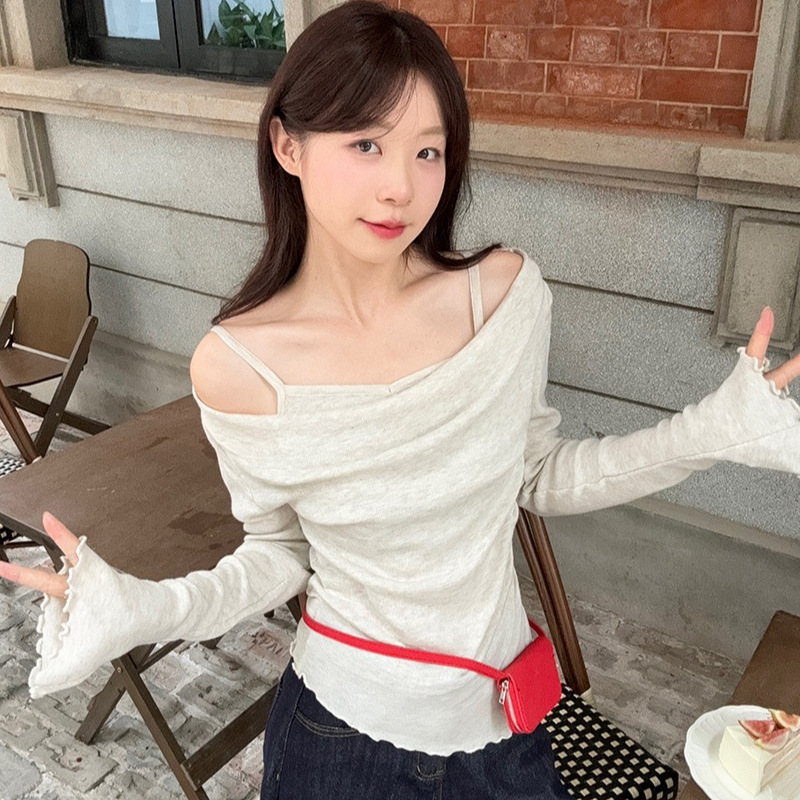 2024 New Shoulder Collar Fake Two-piece Long-sleeved T-shirt Early Autumn Slim-fit Slimming Spice Girls Niche Top Ins