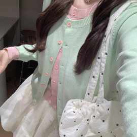 假两件针织开衫薄荷绿2026韩系独特少女春秋慵懒毛衣漂亮外套宽松