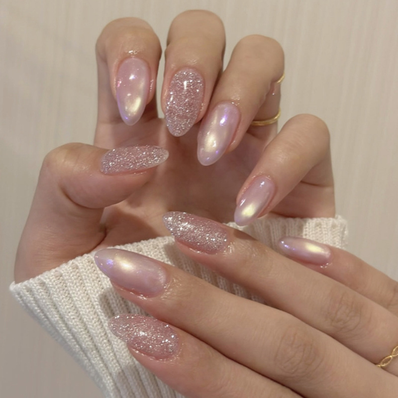 Nude Pink Cat-Eye Press-On Nails, Simple Almond-Shaped Nail Art, Wearable Fake Nails, Cross-Border European and American Nail Pieces