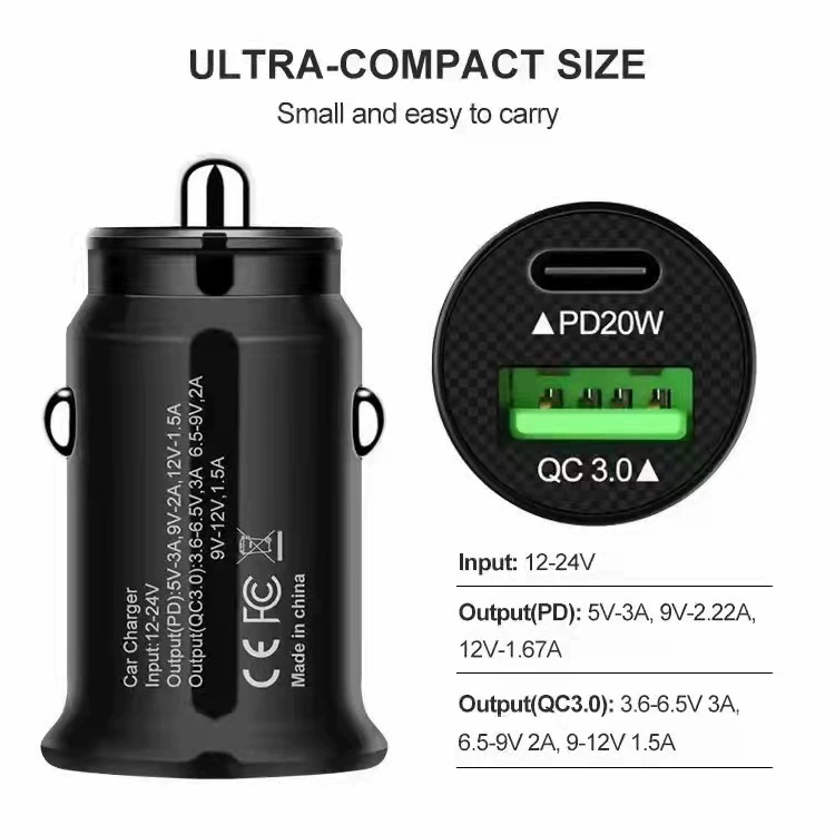 Зарядное устройство для машины USB QC3.0+PD 18–38 В, один и два USB, компактное питание DC 12–24 В
