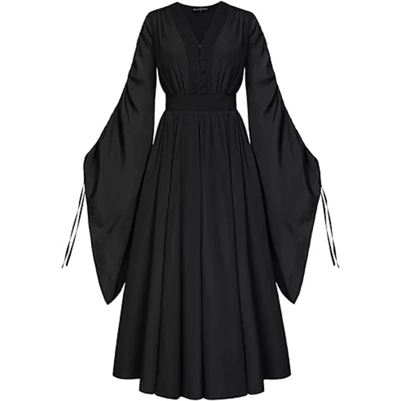 跨境文艺复兴时期服装女式仙女连衣裙 V 领抽绳喇叭袖长裙带口袋