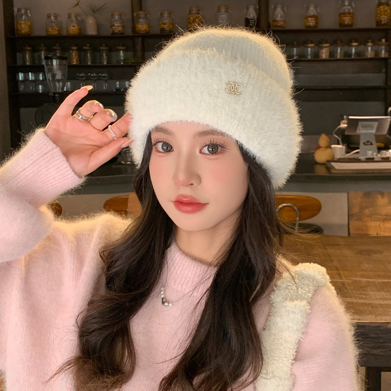 甜美百搭加厚针织毛绒帽秋冬天防风保暖护耳帽户外休闲显脸小帽子|undefined