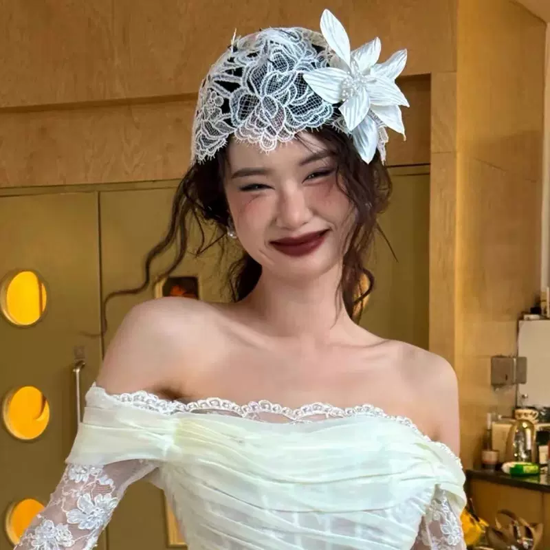 新款新娘头饰超仙蕾丝花片发饰复古法式民国风包头帽结婚配饰