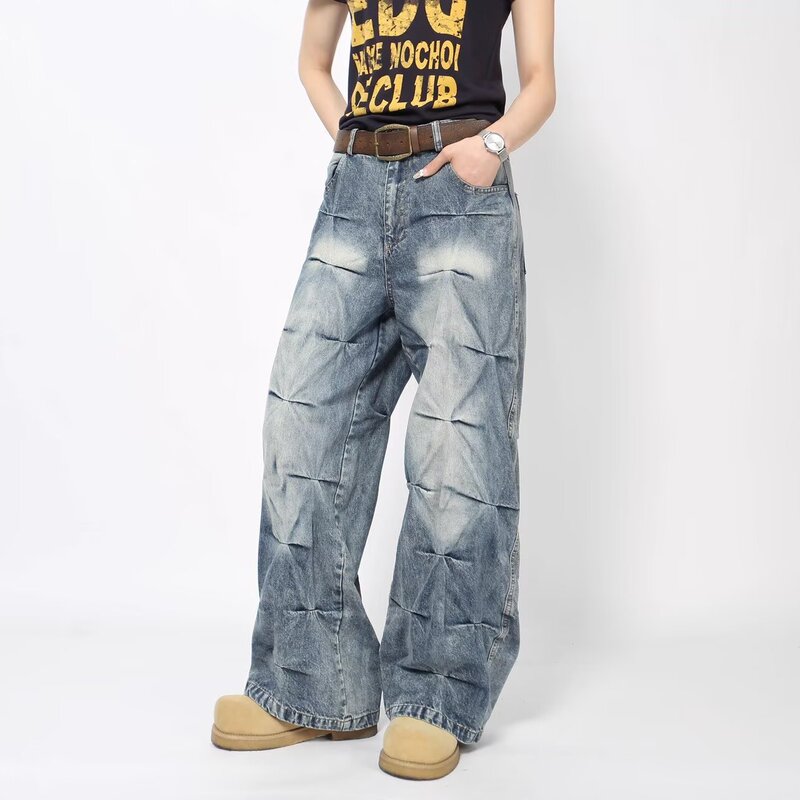 American High Street Washed Cracked Pleated Jeans for Men, Vintage Retro Trendy Niche Loose Wide-Leg Pants for Spring and Autumn American High Street Washed Cracked Pleated Jeans for Men, Vintage Retro Trendy Niche Loose Wide-Leg Pants for Spring and Autumn