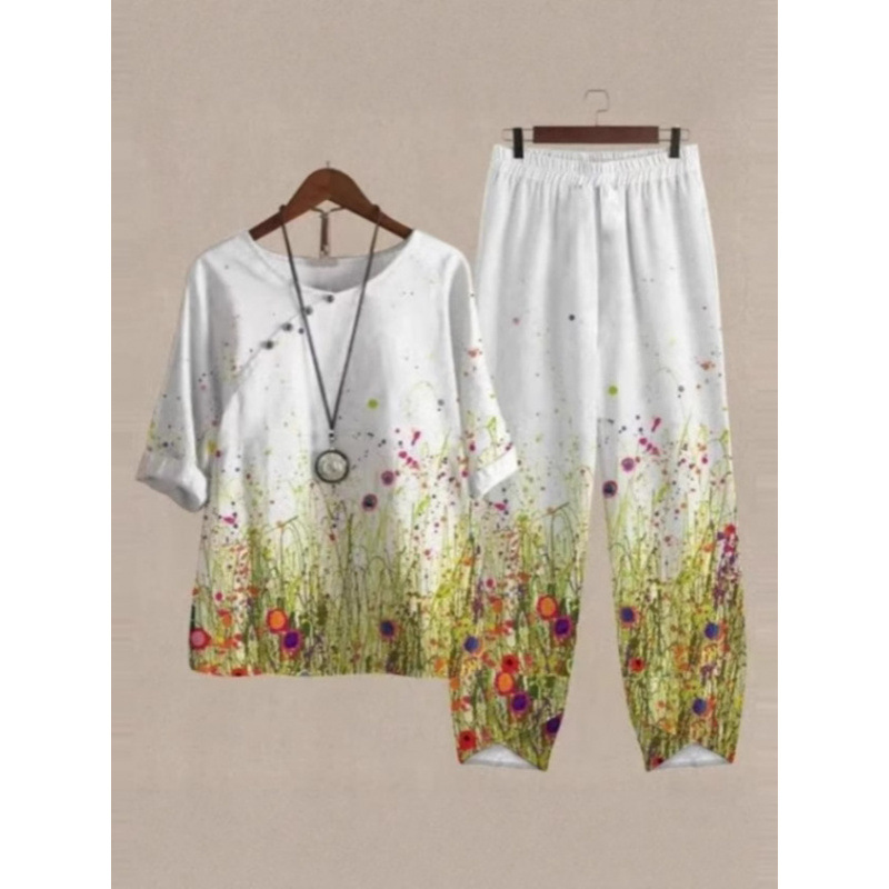 Europa y Estados Unidos trajes casuales de mujer transfronterizos de moda explosiva verano nuevo cinco mangas impresión chaqueta pantalones dos piezas