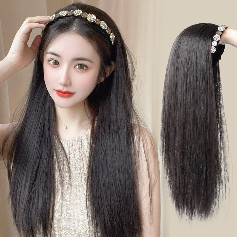 Half Wig with Long Straight Hair for Women, Retro Rhinestone Headband Wig, Lazy Style Internet Celebrity U-Shaped One-Piece Headband Wig